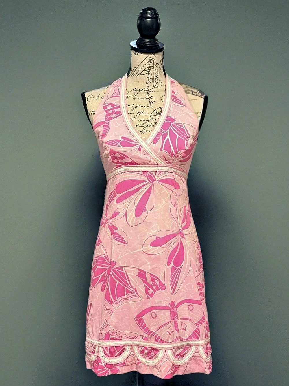 Vtg Y2K Lilly Pulitzer Pink Sands "Cha Cha Butterfly" Halter Mini Dress Sz 2